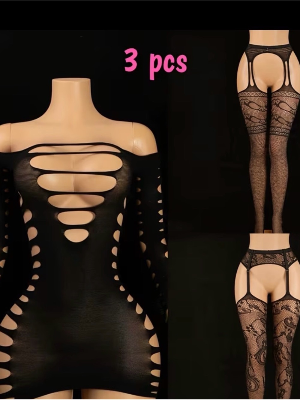 Sexy Black Cutout Bodysuit & Lace Stockings Set